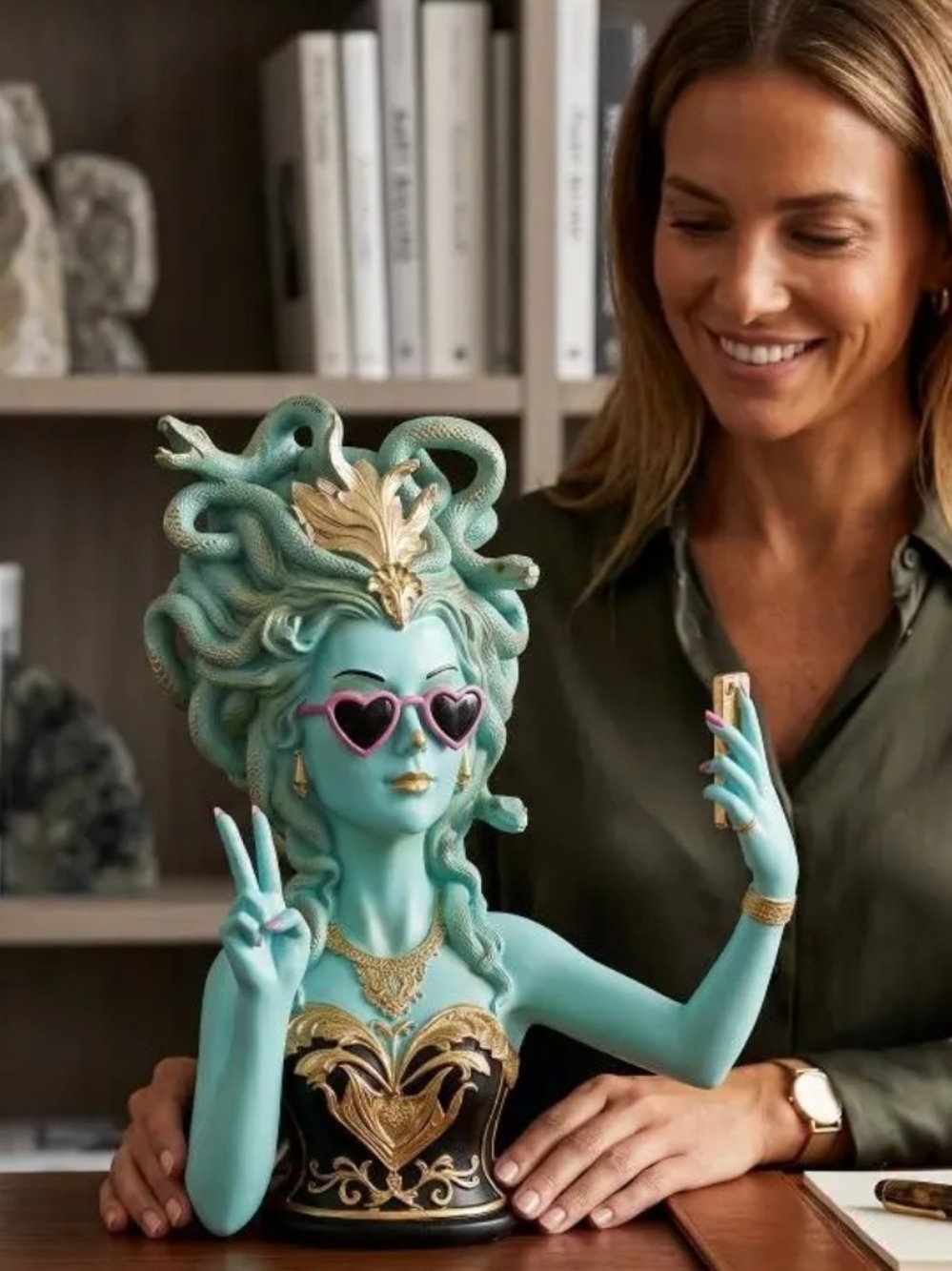 Medusa Bust Statue - Turquoise and Gold Color Decorative Accent - Picture 2 of 4
